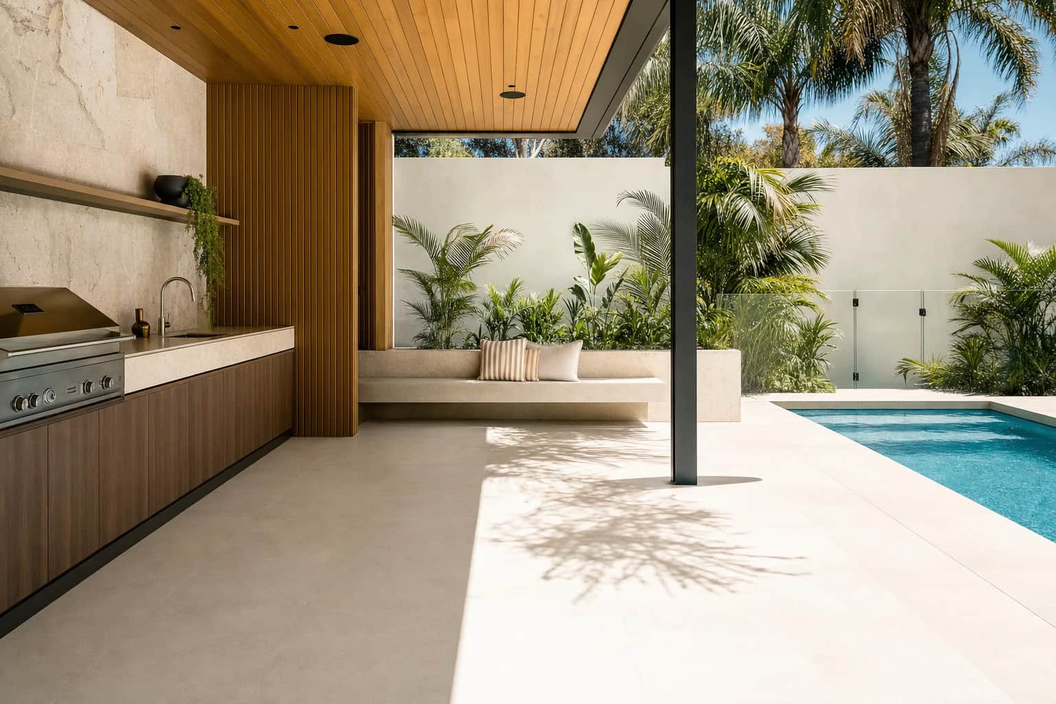 Large-format porcelain paving running from a shaded alfresco out to a pool edge